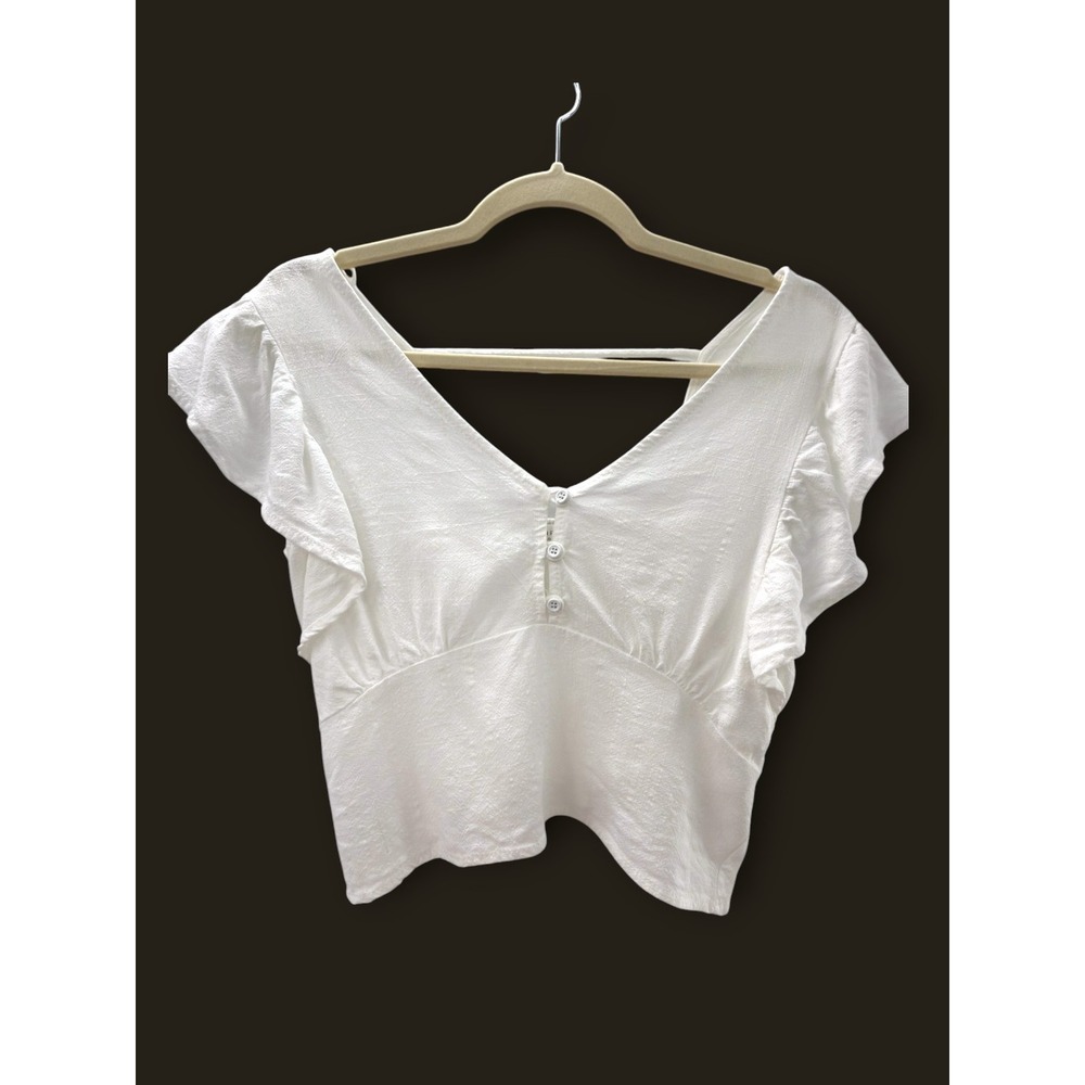 KIRIOUS LA White Linen Blend Crop Top Smocked Back Ruffle Sleeve Size L Beachy